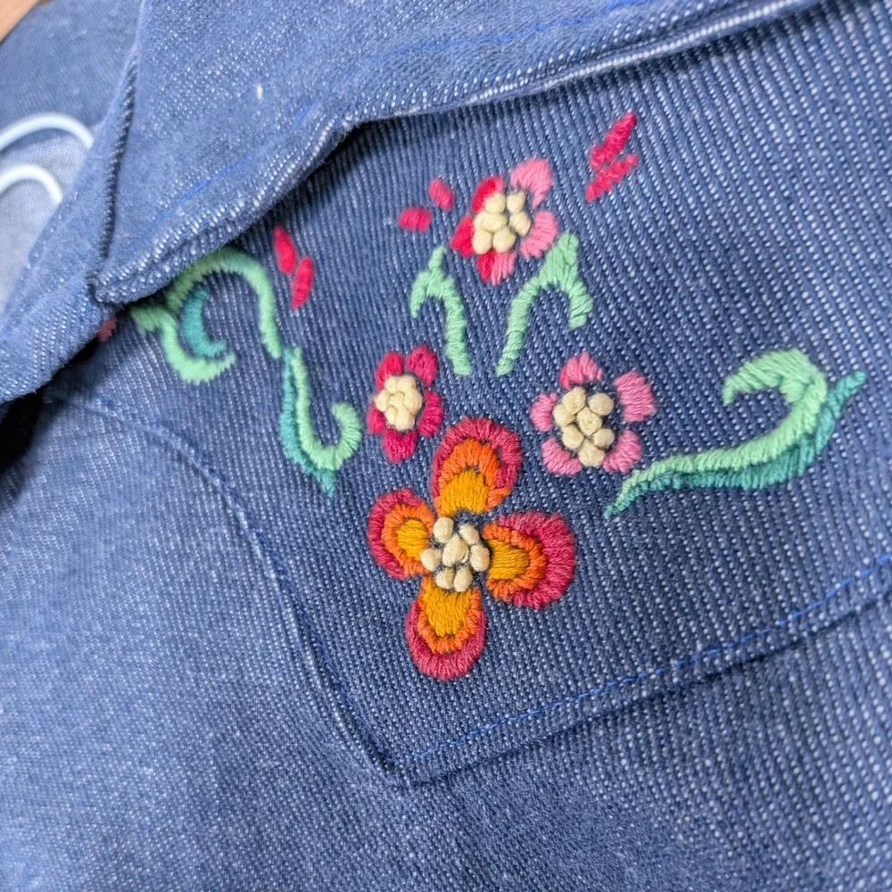 Handmade Vintage Western Shirt; Embroidered Floral Denim Snap Front Shirt